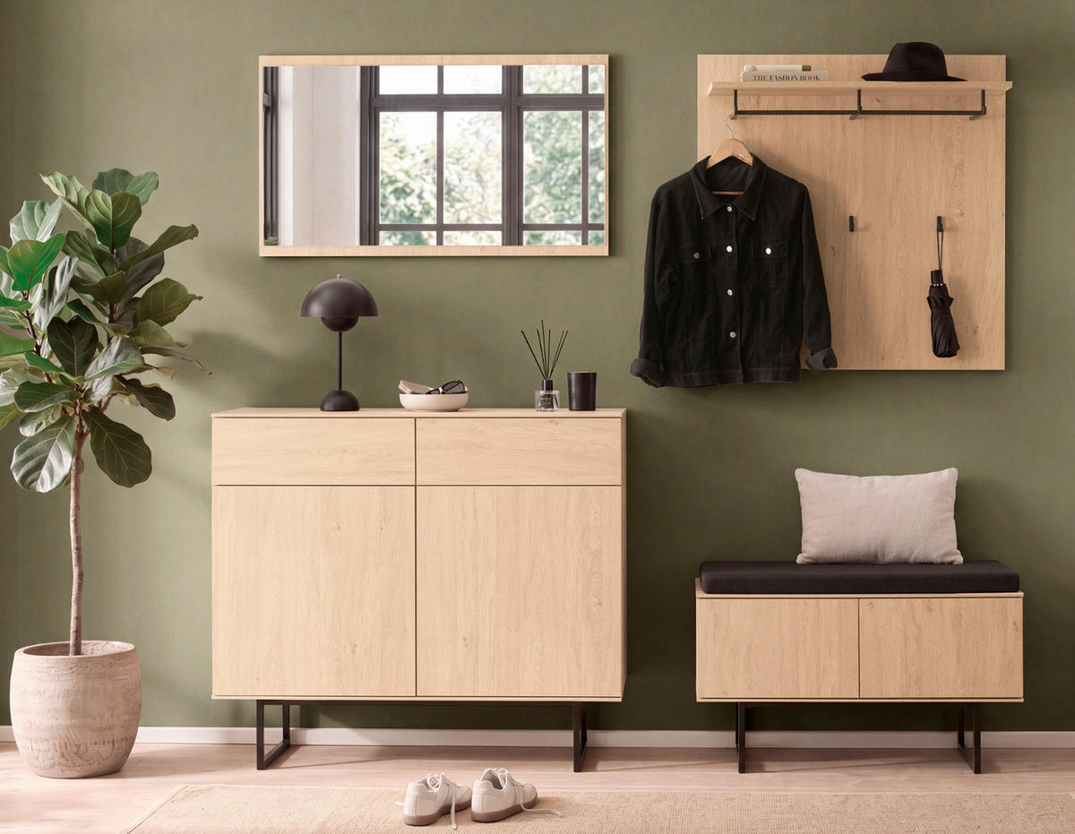 GARDEROBE-SET Stone Eiche 5-teilig 215 cm, Garderobenkombination in modernem Design - Eichefarben/Schwarz, Holzwerkstoff/Metall (215/200/40cm) - Furn.Design