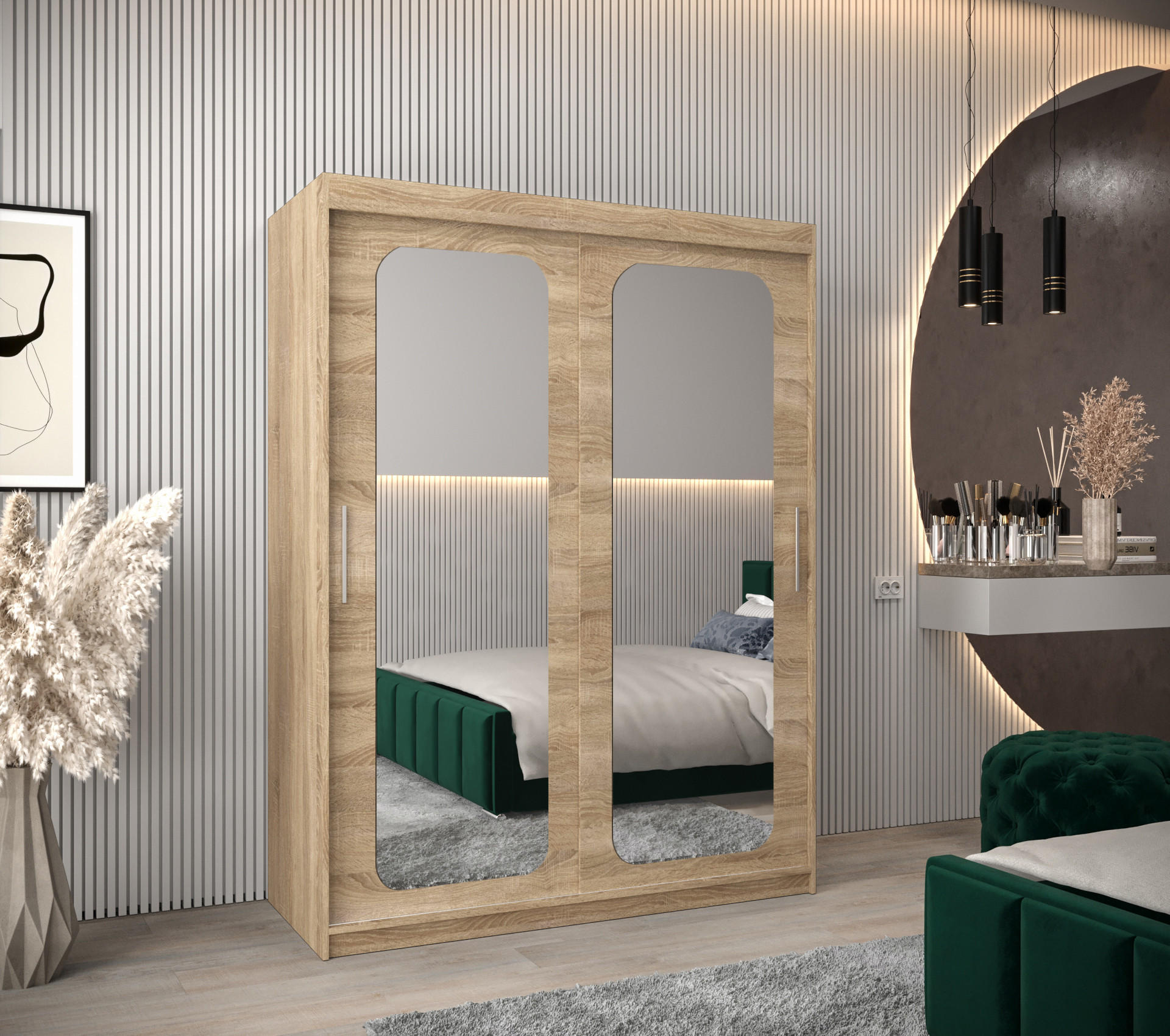 SCHWEBETÜRENSCHRANK 200/150/62 2-türig - Silberfarben/Sonoma Eiche, Holz/Kunststoff (150/200/62cm) - MÖBEL KRYSPOL