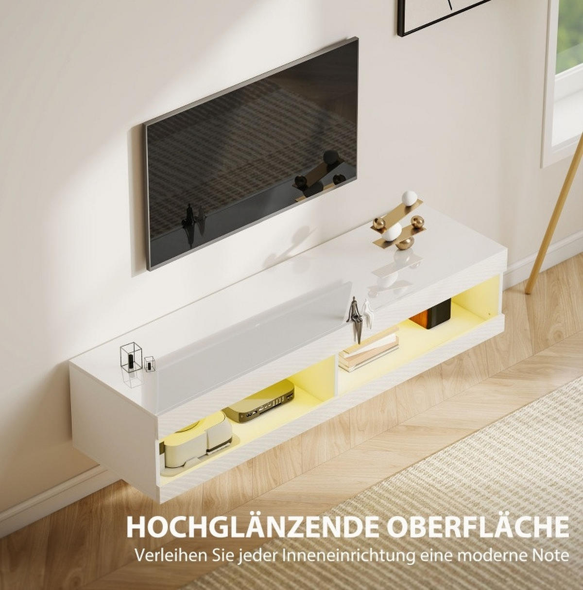 LOWBOARD 140/40/30 cm aus Holzwerkstoff mit RGB-LED-Beleuchtung Hochglanz Weiß - Weiß, Holzwerkstoff (140/30/40cm) - Modenvie