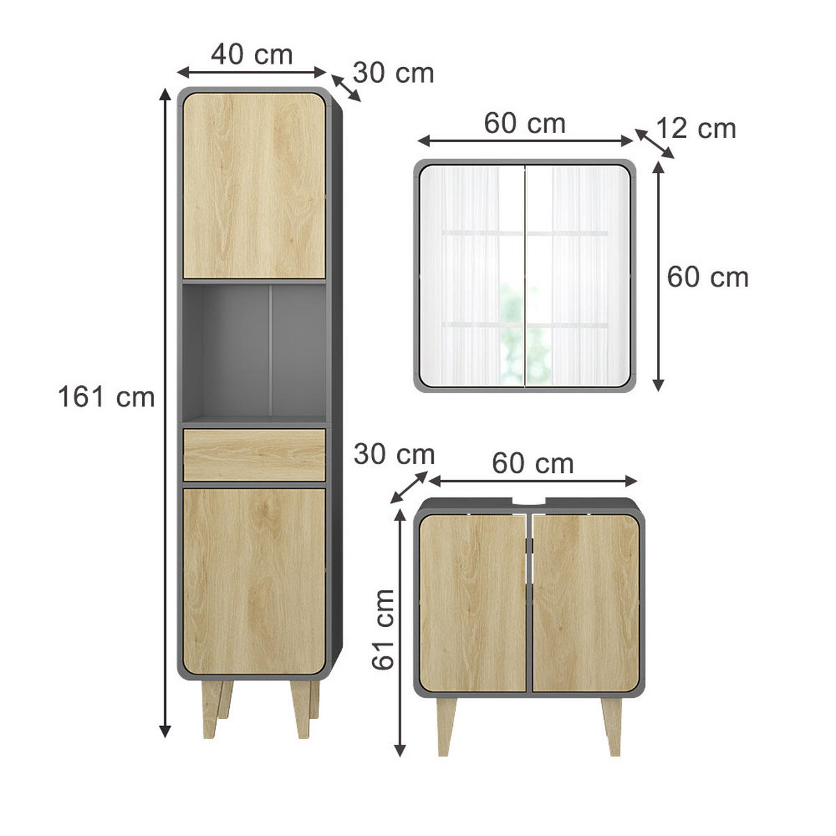 KOUPELNOVÝ NÁBYTEK Arla Antracit/dub - antracitová/barva dubu, kompozitní dřevo (60/61/30cm) - Vicco