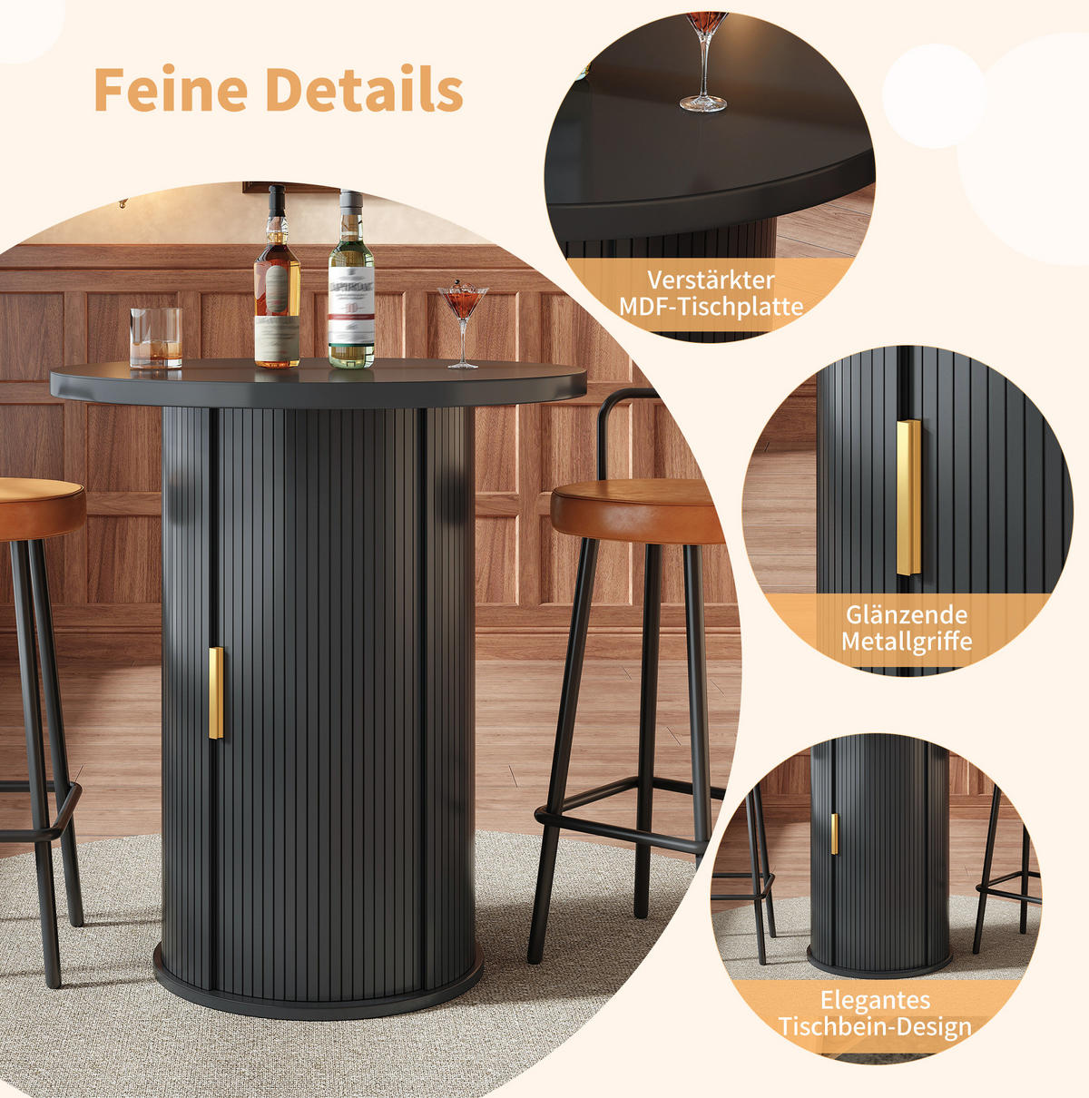 BARTISCH 60/60/91,6 cm in Schwarz mit Stauraum und Schiebetür - Schwarz, Metall (60/60/91.6cm) - BEAOK