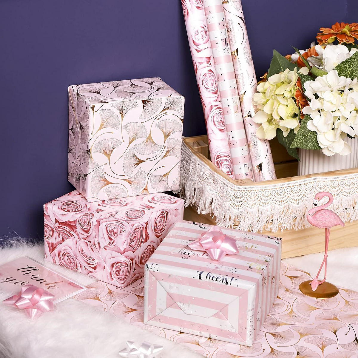 GESCHENKPAPIER 3 Rollen Set Rosa Blumenmuster 43,2 cm x 3,05 m - Multicolor, Papier (6.7/11.8/6.7cm)