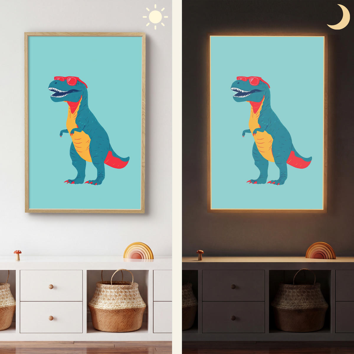 NÁSTĚNNÁ LAMPA S AKUMULÁTOREM Dinosaurus - Modrá - Sluneční brýle 60x90 cm - světle modrá, kompozitní dřevo (60/90/8cm) - OnlyWow