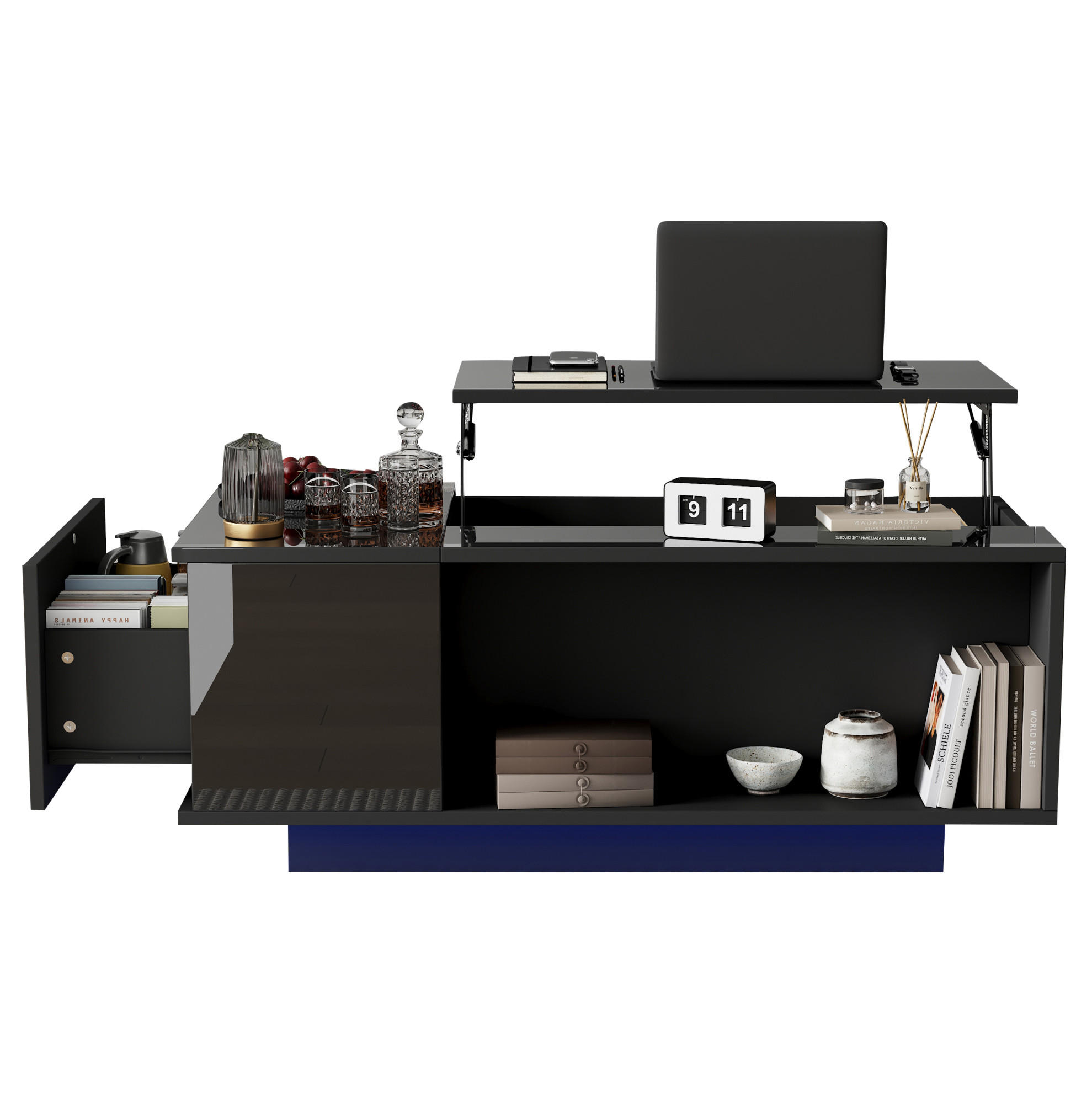 COUCHTISCH aus Spanplatte 100x50x40 cm Schwarz höhenverstellbar mit LED-Beleuchtung, Schublade und verstecktem Stauraum - Schwarz, Holzwerkstoff (100/50/40cm) - Modfu
