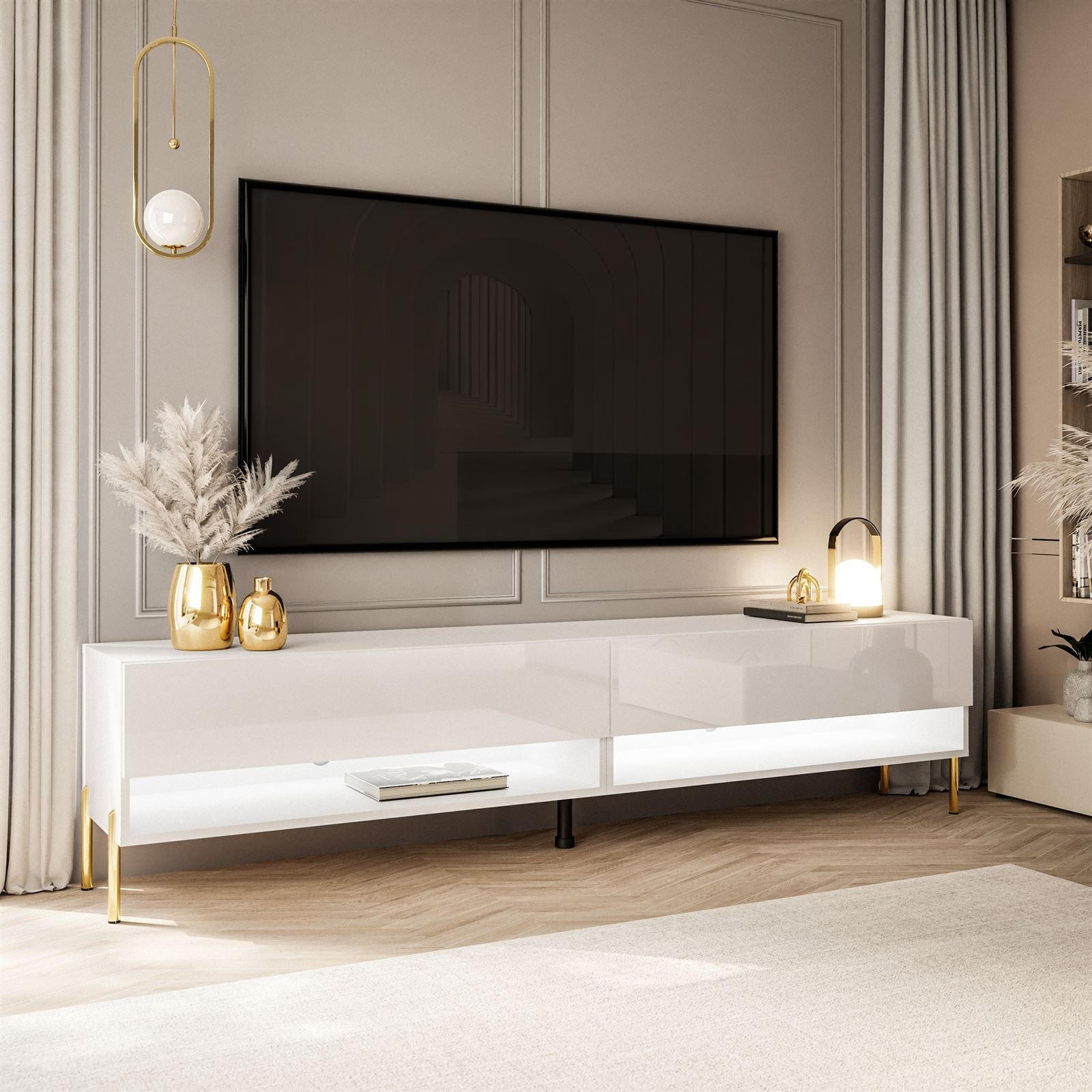 LOWBOARD TV-Schrank CALANTE 180 cm auf geraden goldenen Chrom-Beinen - Weiß Hochglanz/Goldfarben, Holzwerkstoff/Metall (180/44/35cm) - Lookway