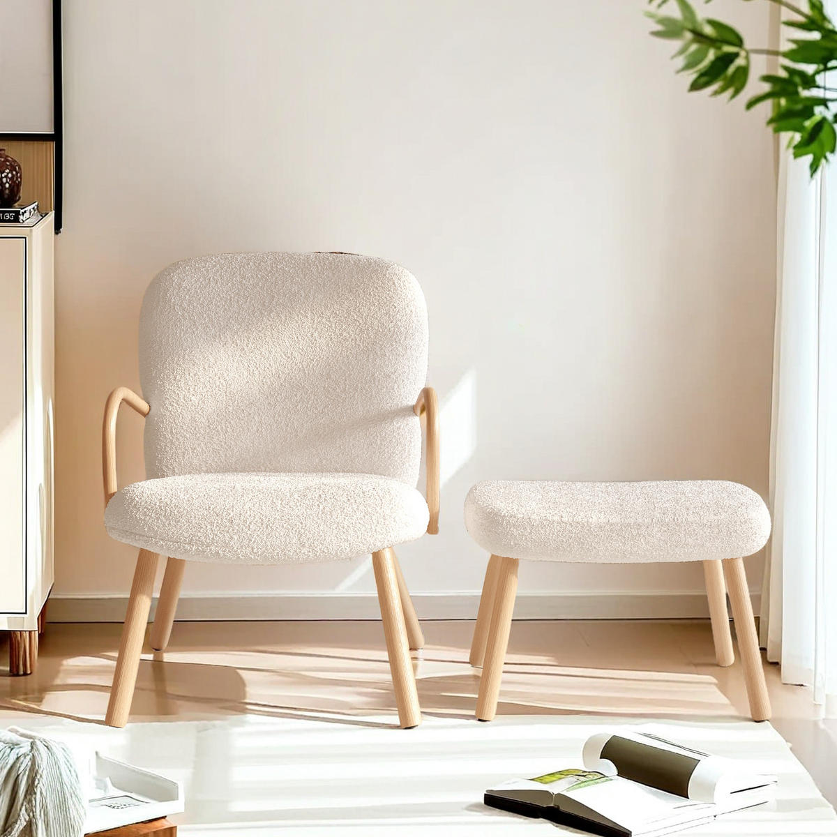 RELAXSESSEL MIT FUSSHOCKER, Lesesessel mit Armlehnen - Beige, Holz (64/82/58cm)