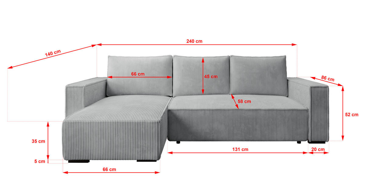 ECKSOFA CUDDY L, Eckcouch in L-Form mit Schlaffunktion und Bettkasten, Farbe: Grau, Cordstoff, Ottomane Links - Grau, Textil (240/140cm) - Storez24