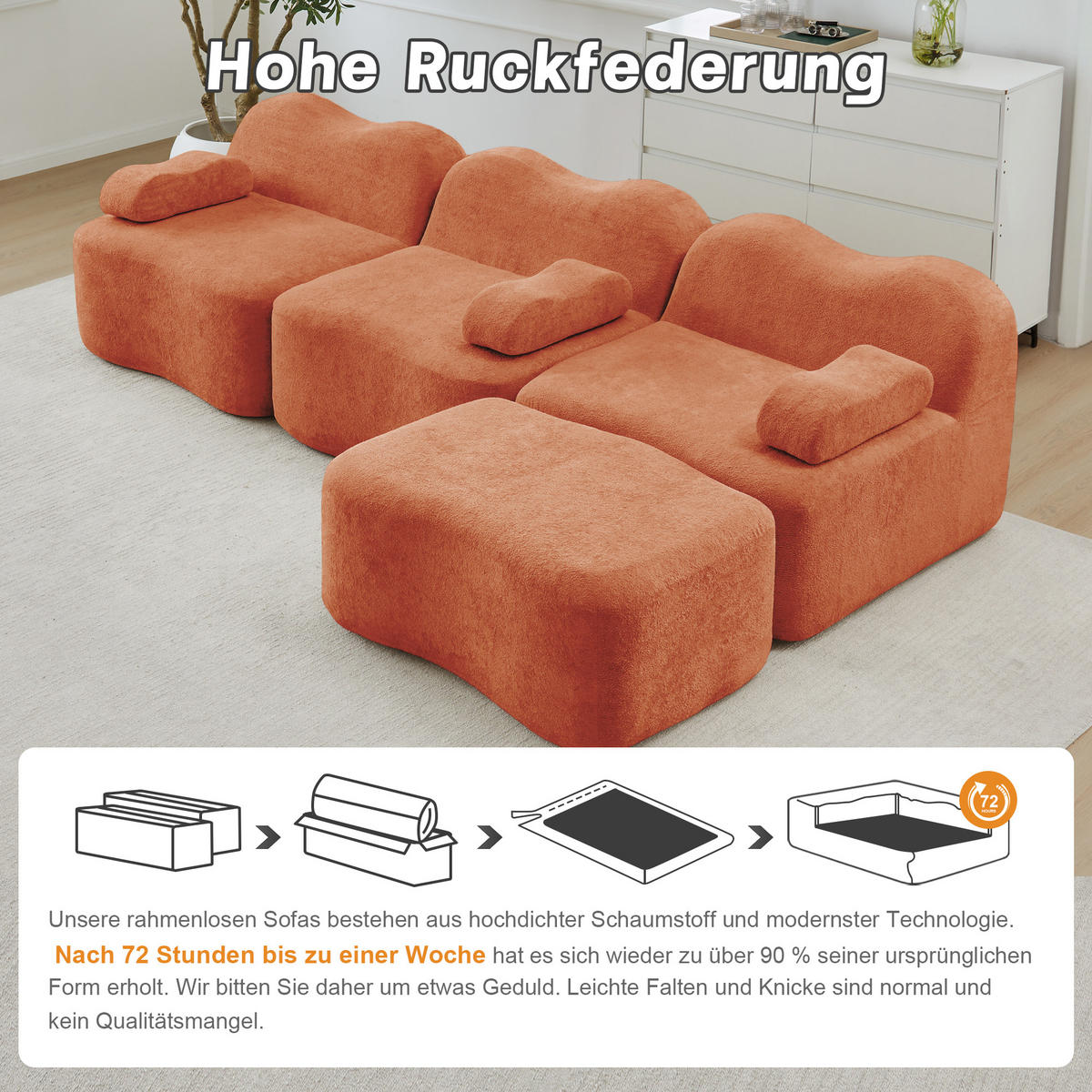 ECKSOFA 288x167x70 cm aus Samt rahmenlos modular mit 1 Ottoman, orange - Orange, Textil (167/288cm) - Luhomfu