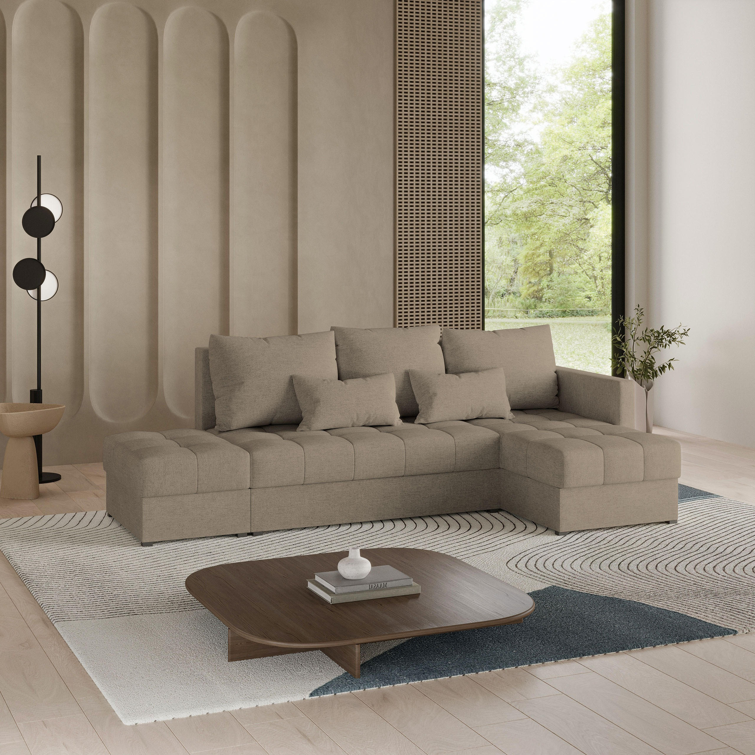 ECKSOFA LUMARI R-S Braun Plüsch-Stoff mit Schlaffunktion - Braun, Holz (262/143cm) - MASSENO