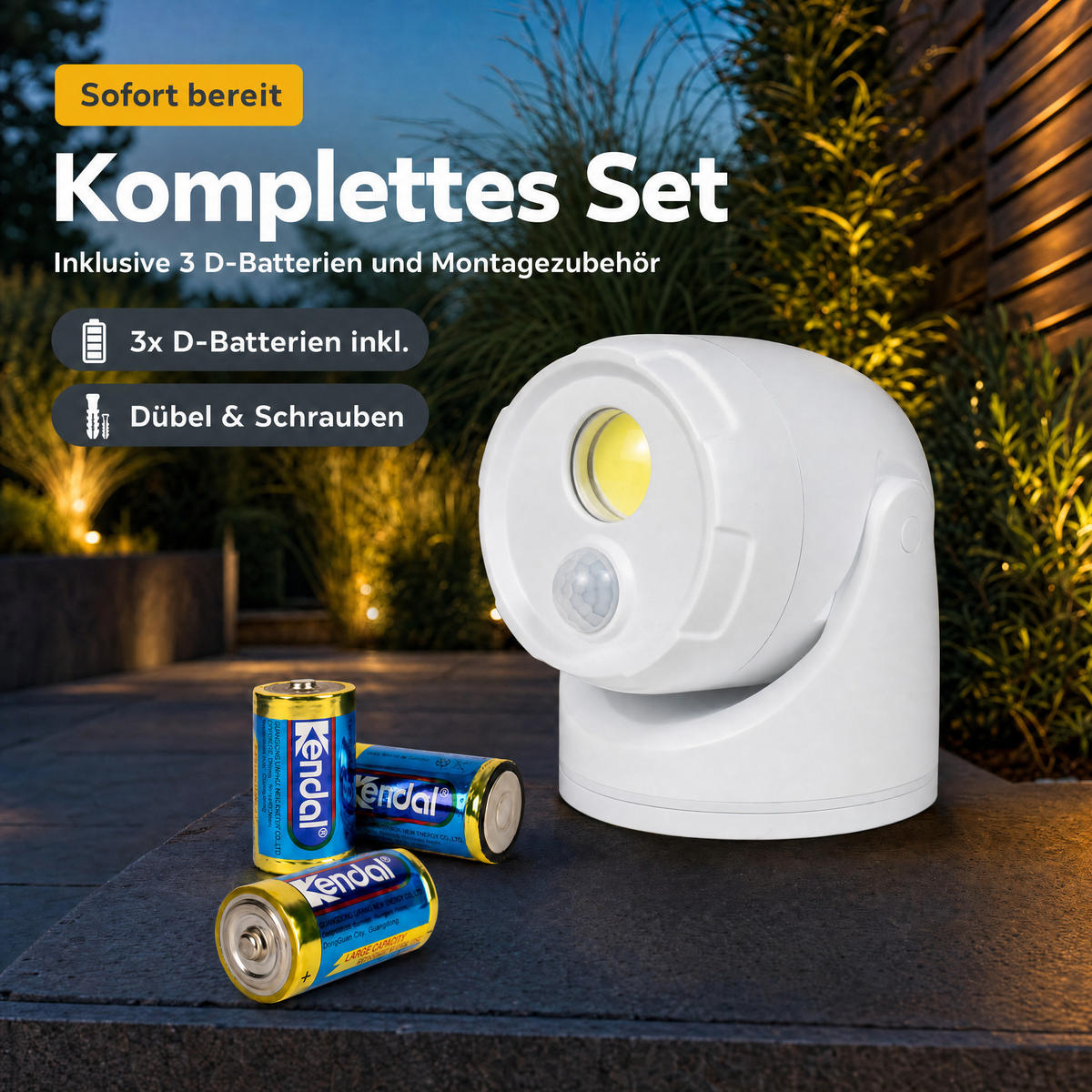 LED-BATTERIE-SPOT-STRAHLER - mit Bewegungsmelder und Erdspieß für Außenbereich, 3er-Set D-Batterien inklusive - Weiß, Kunststoff (10.9/10.9/17cm) - Northpoint
