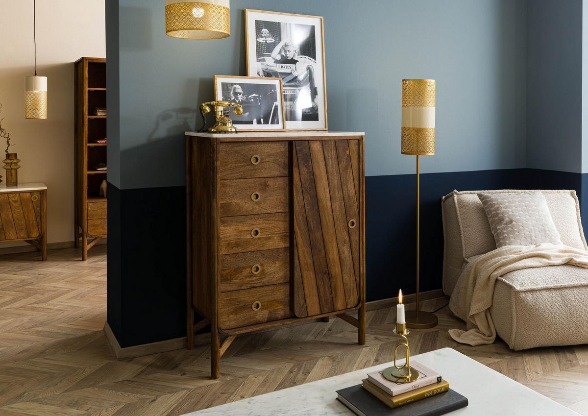 KOMMODE Mango 90x45x120 braun geölt / echter Marmor LOS ANGELES #10 - Braun, Holz (90/120/45cm) - Massivmoebel24