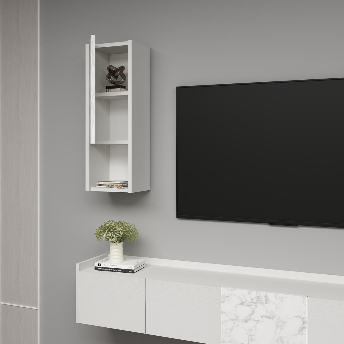 TV-LOWBOARD Adrian Holz und Marmoroptik Weiß Hängend 9680 - Weiß, Holzwerkstoff (160/35/29.6cm) - moebel17