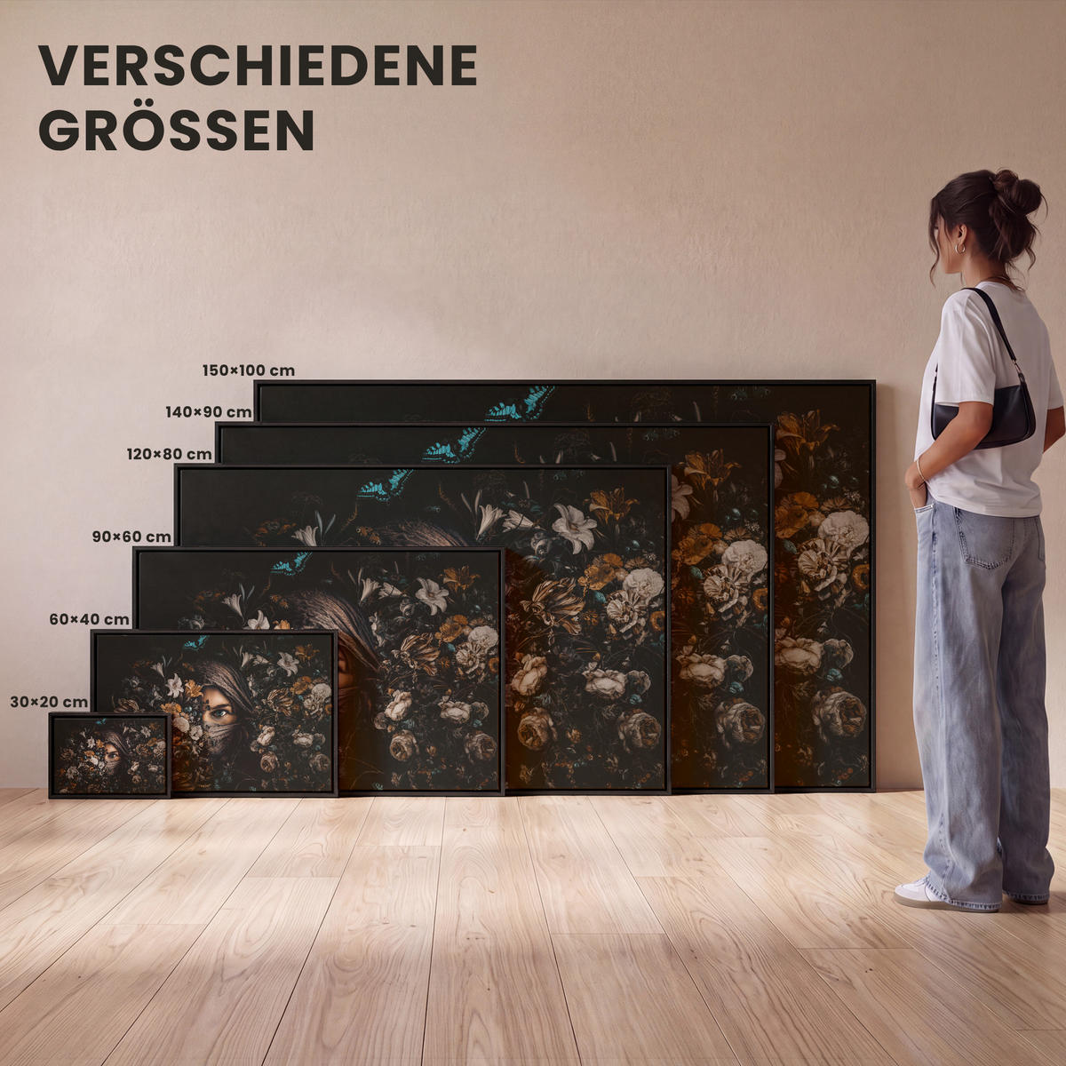 LEINWAND Bilder mit Rahmen - Frau - Luxus - Blumen - Schmetterling - Porträt - 30x20 - Schwarz, Textil (30/20cm) - MuchoWow