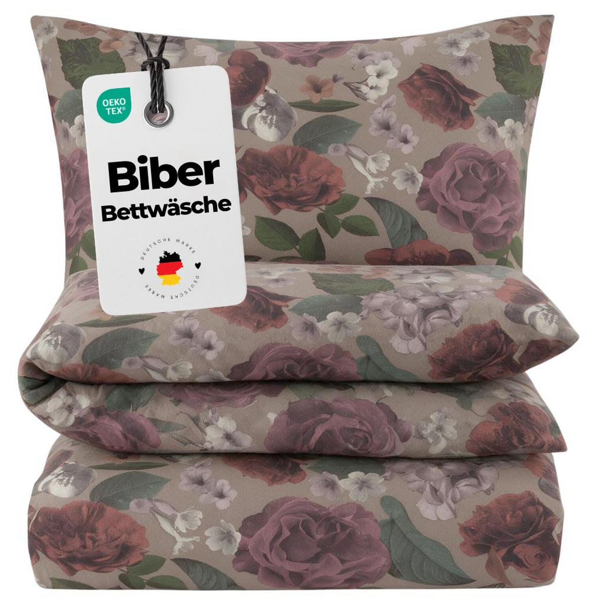 BIBER-BETTWÄSCHE 135x200 - Kuschelig warmer Flanell Bettbezug aus 100% Baumwolle für Herbst & Winter - Rosen Muster - Braun, Textil (135/200cm) - Carpe Sonno