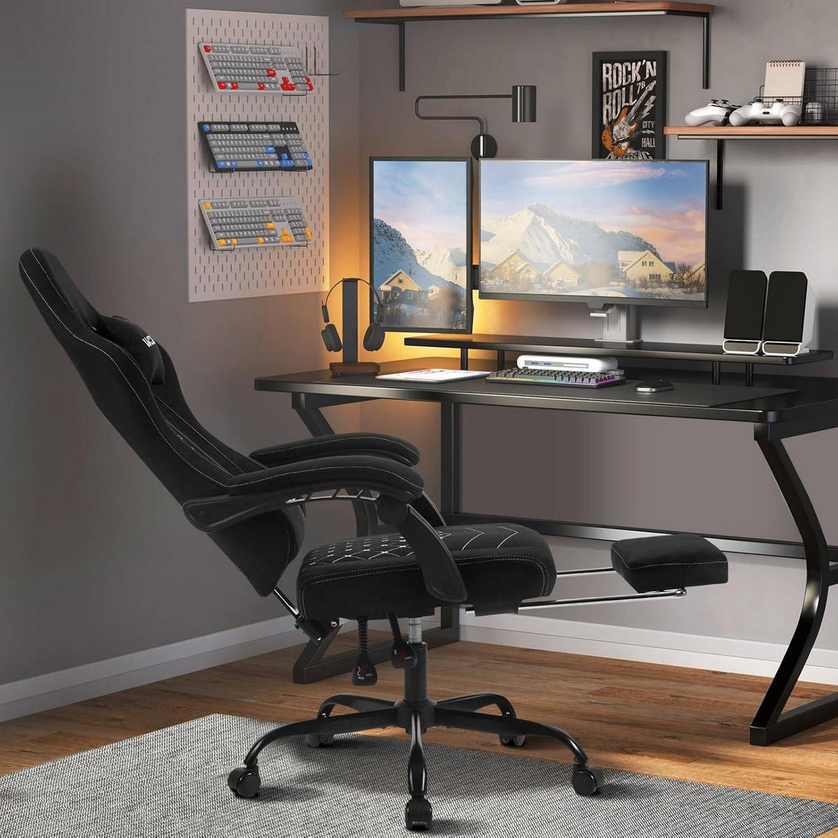 GAMINGSTUHL mit Massagefunktion, Computerstuhl Ergonomisch - Schwarz, Kunststoff/Textil (70/127/70cm) - Woltu