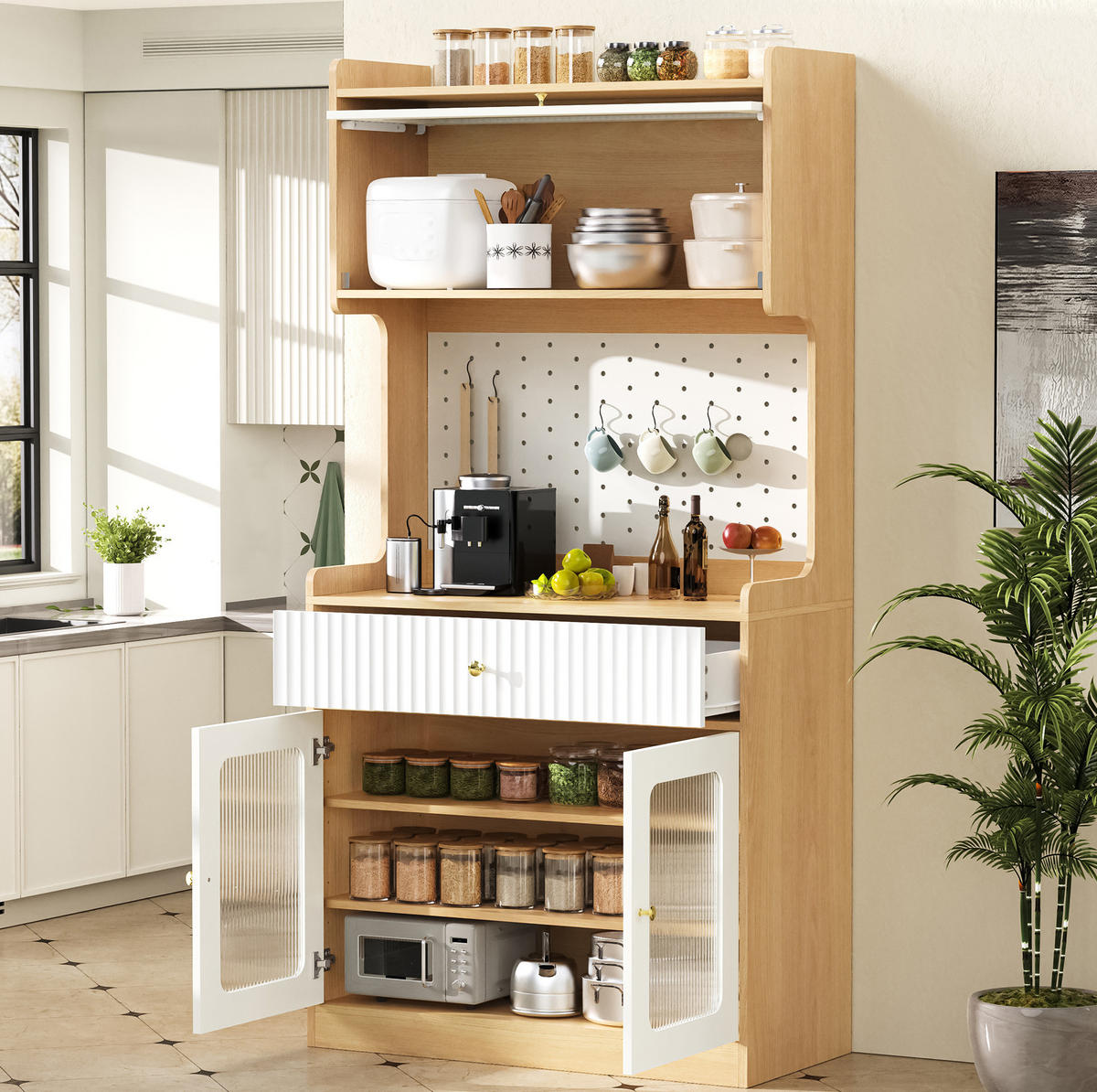 HIGHBOARD 80/40/180 cm in Natur/Weiß mit LED und Riffelglas - Naturfarben, Holzwerkstoff (80/180/40cm) - BEAOK