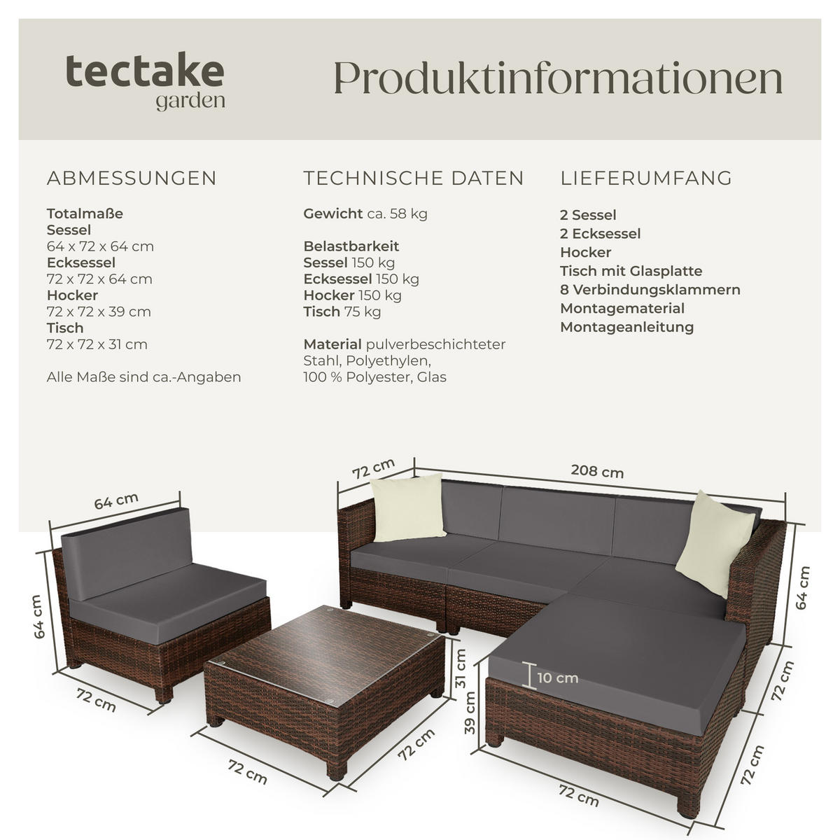 RATTANLOUNGE ,mit Sicherheitsglasplatte,schwarz/braun - Schwarz/Braun, Kunststoff - tectake