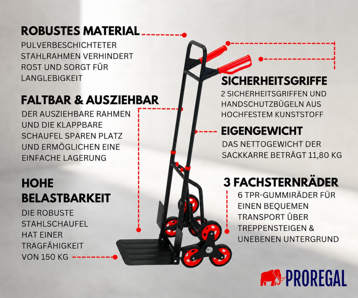 TREPPENSTEIGER Sackkarre Taurus 120 113x38x55cm Traglast 120kg Griff, Klappbar, Stahl Rot-Schwarz - Schwarz, Metall (55/38/113cm) - PROREGAL