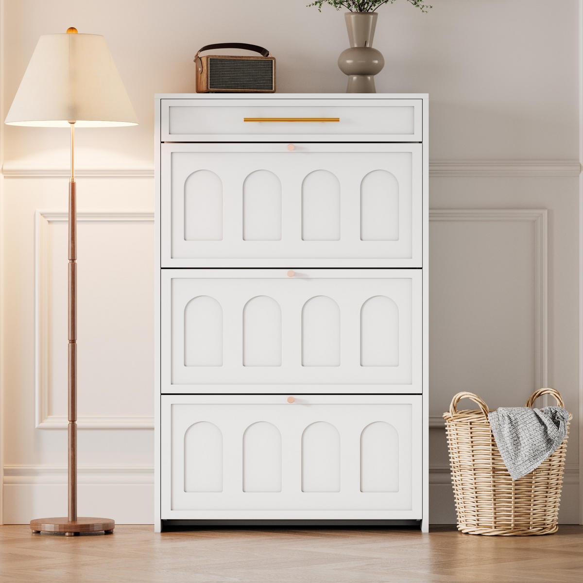 SCHUHSCHRANK aus MDF 70x25x123,5cm in Weiß mit 6 Fächern & Schublade - Weiß, Holzwerkstoff (70/123.5/25cm) - Modfu