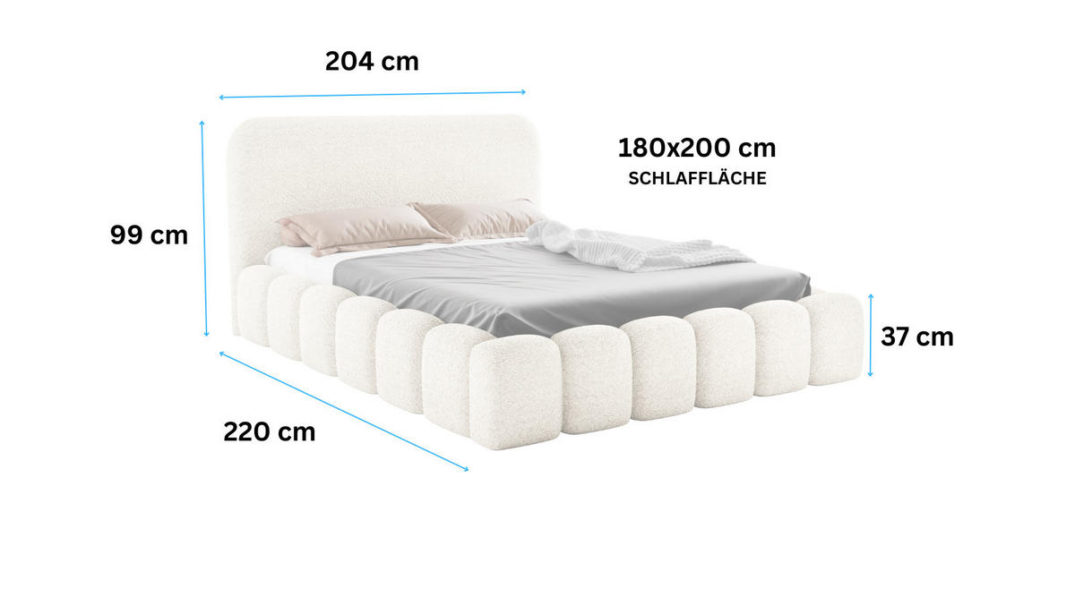 POLSTERBETT MONI 180x200 mit Bettkasten und Lattenrost – Bouclé Stoff MONTE Weiß - Weiß, Textil (180/200cm) - Luxkor24