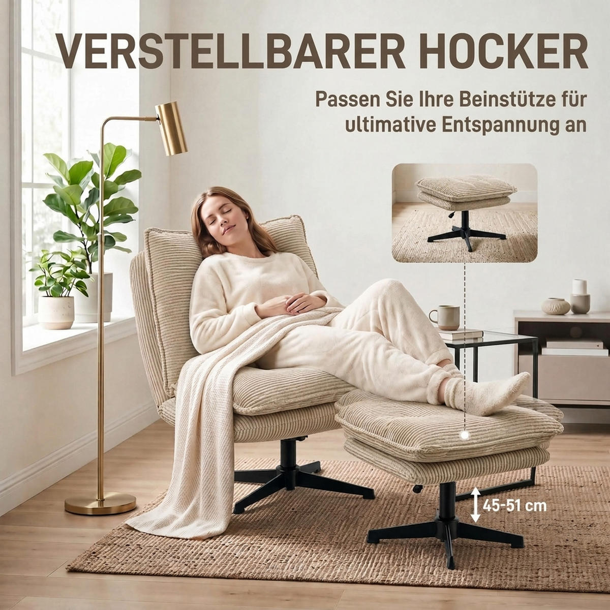 SESSEL mit Hocker Polyester Beige - Beige/Schwarz, Textil/Metall (74/89/82cm) - HOMCOM