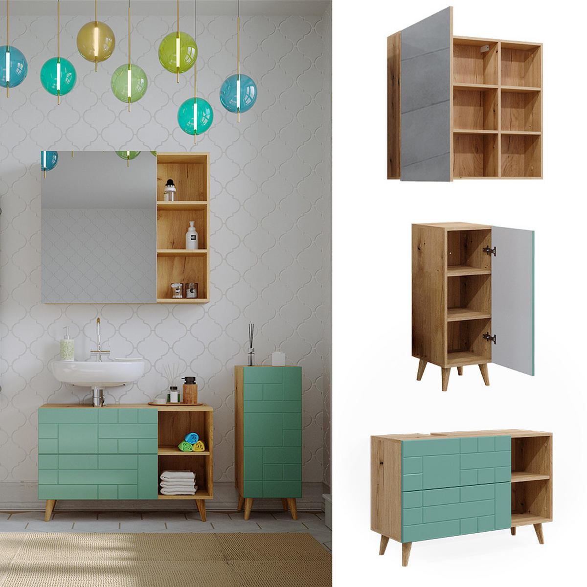 BADMÖBEL-SET Rudi Mintgrün 3 Teile - Eichefarben/Mintgrün, Holzwerkstoff (90/59/32cm) - Vicco