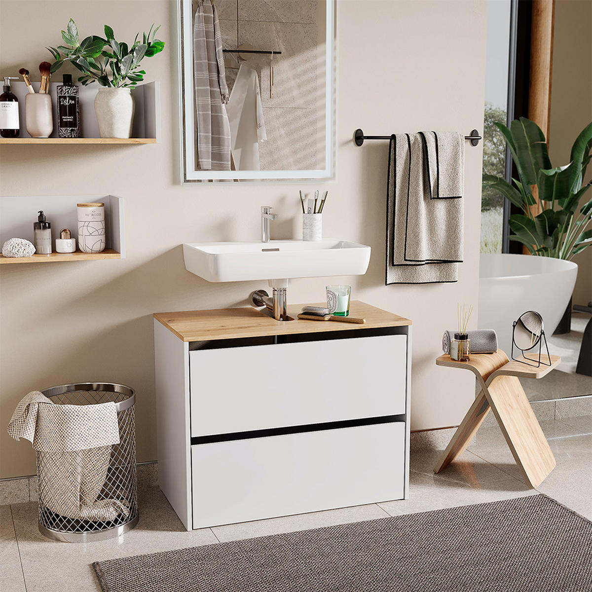 WASCHBECKENUNTERSCHRANK Viktor Weiß/Artisan 80.2 x 65 cm mit 2 Schubladen - Hellgrau/Weiß, Holzwerkstoff (80.2/65/45.5cm) - Vicco