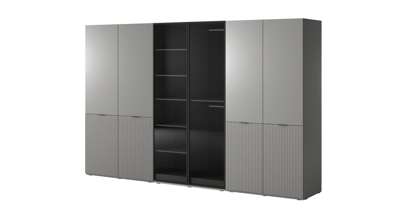 KLEIDERSCHRANK ZEN (Modular, Grau Matt, Grau & Getöntes Glas Antisol, 6-türig) - Schwarz/Grau, Holz/Holzwerkstoff (303/200/51cm) - Ravio