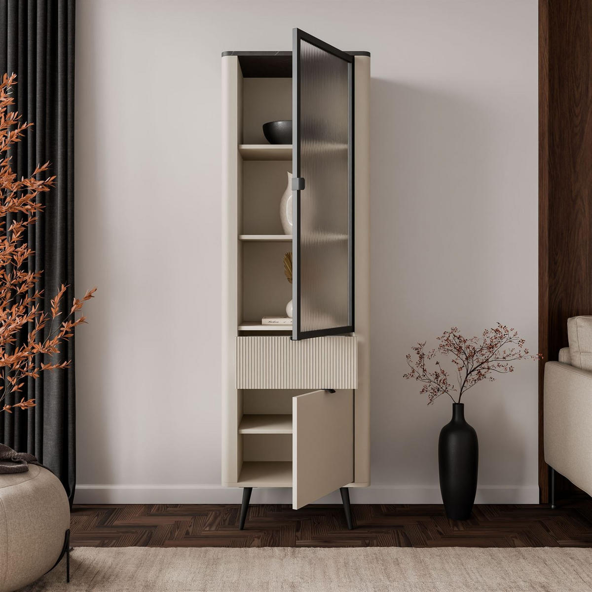 VITRINE schmal AUTUMN 1D1S1W mit Schublade, Kaschmir / Grauer Stein - Beige/Grau, Holzwerkstoff (60/191/40cm) - Lookway