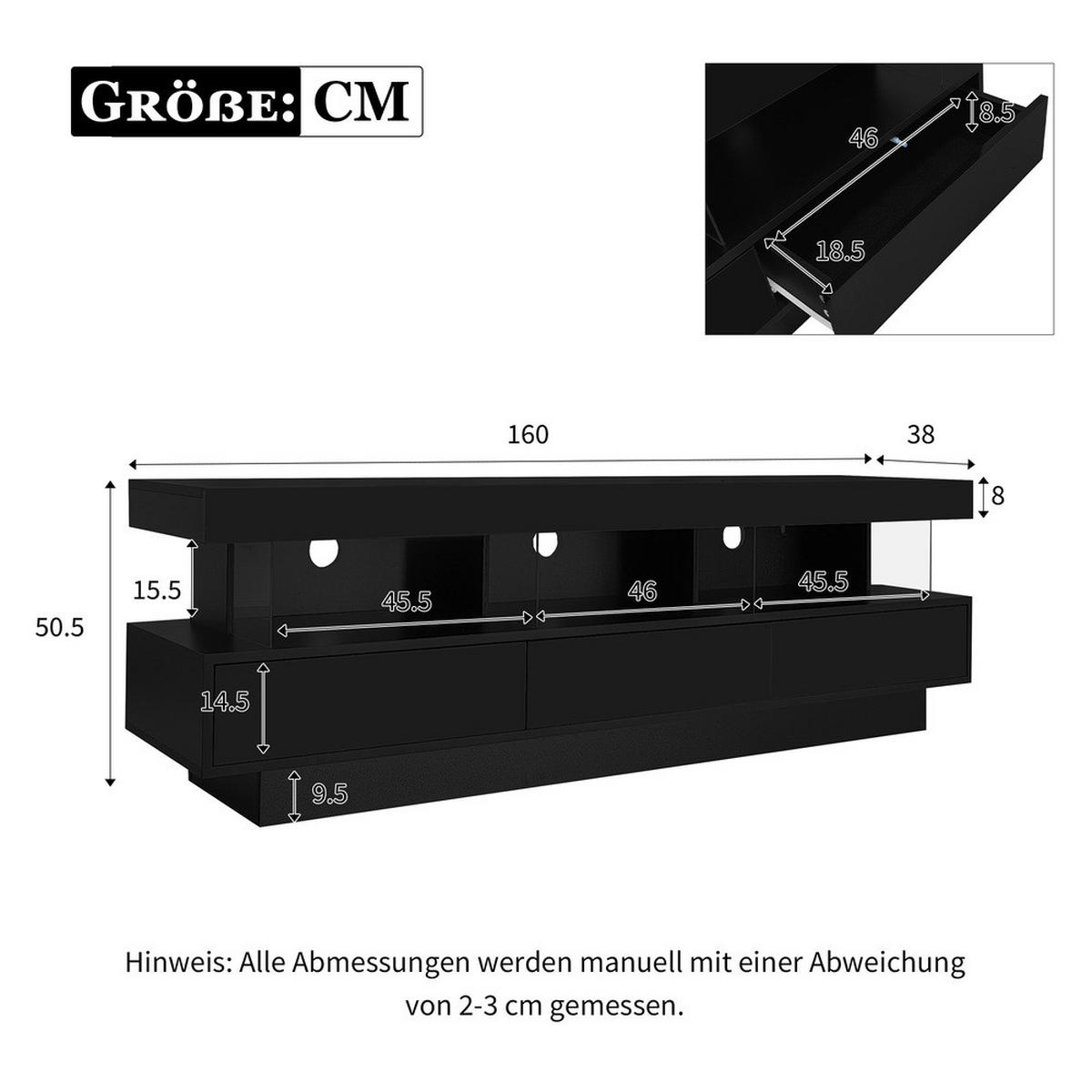 TV-STÄNDER 160x38cm Hochglanz LED-Beleuchtung App-Steuerung Schwarz Glasablagen - Schwarz, Holz (40.5/29/63.5cm) - FLIEKS
