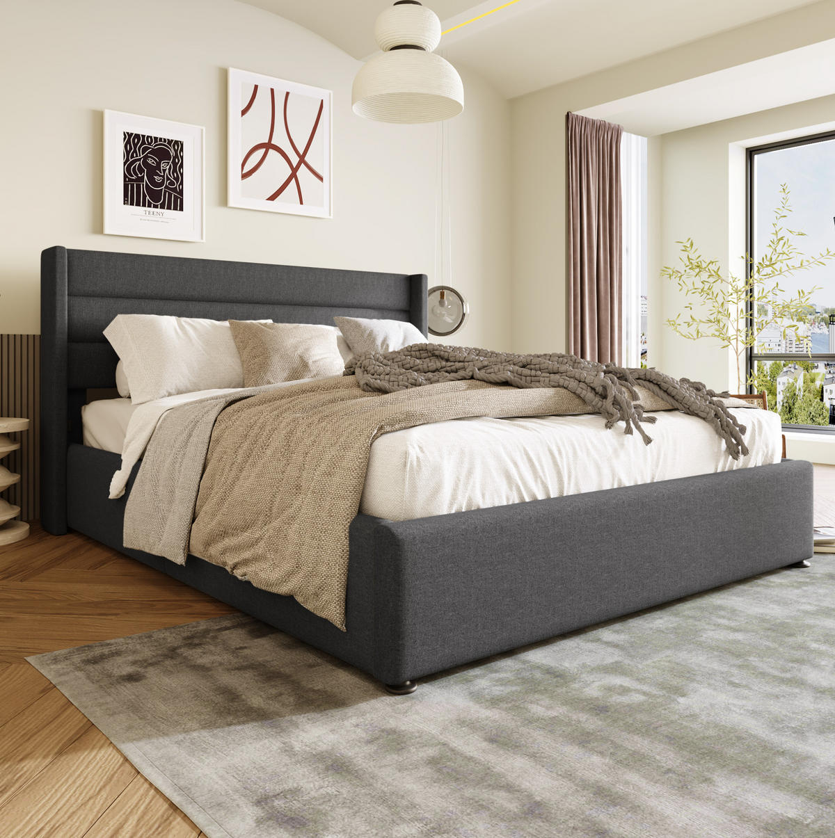 TAPECIRANI krevet 180/200 cm sivi od lana s hidrauličnim spremištem - siva, tekstil (180/200cm) - OKWISH