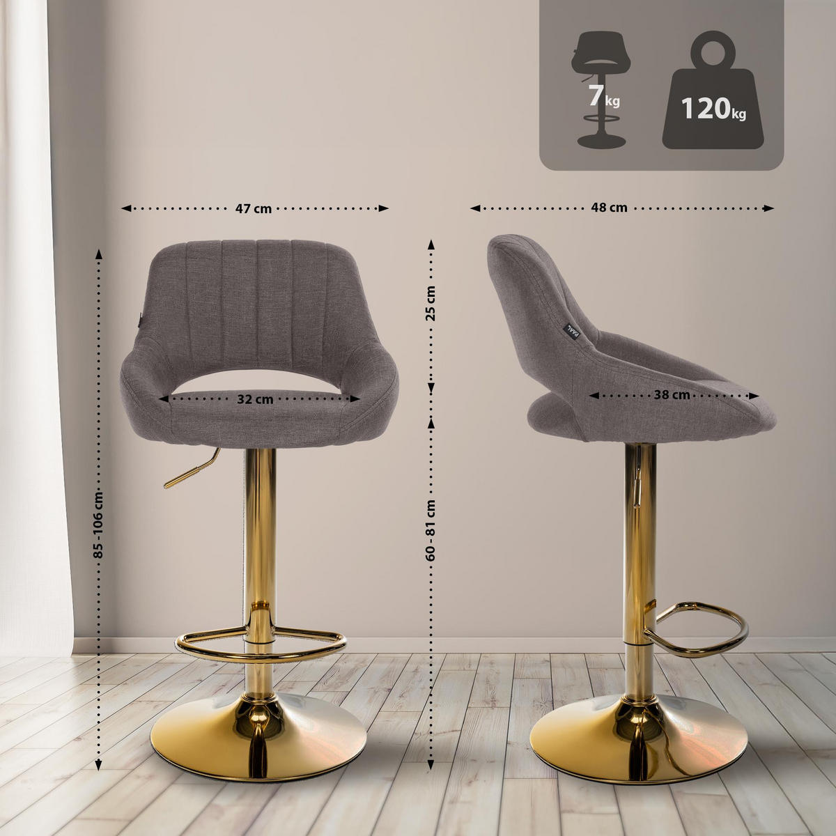 BARHOCKER Stoff Dunkelgrau - Dunkelgrau/Goldfarben, Textil/Metall (47/85/48cm) - CLP