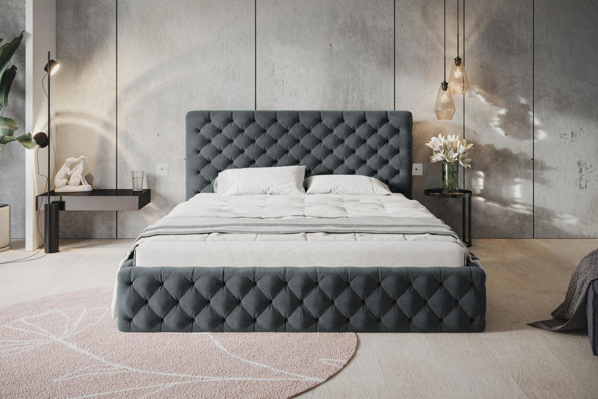 BETT 120x200 - Polsterbett mit Bettkasten und Holzrahmen - Elegant Betten - Weicher Jasminstoff - Kollektion Miami, Dunkelgrau - AlpiMeble - Dunkelgrau, Holz/Kunststoff (120/200cm) - Alpi-Möbel