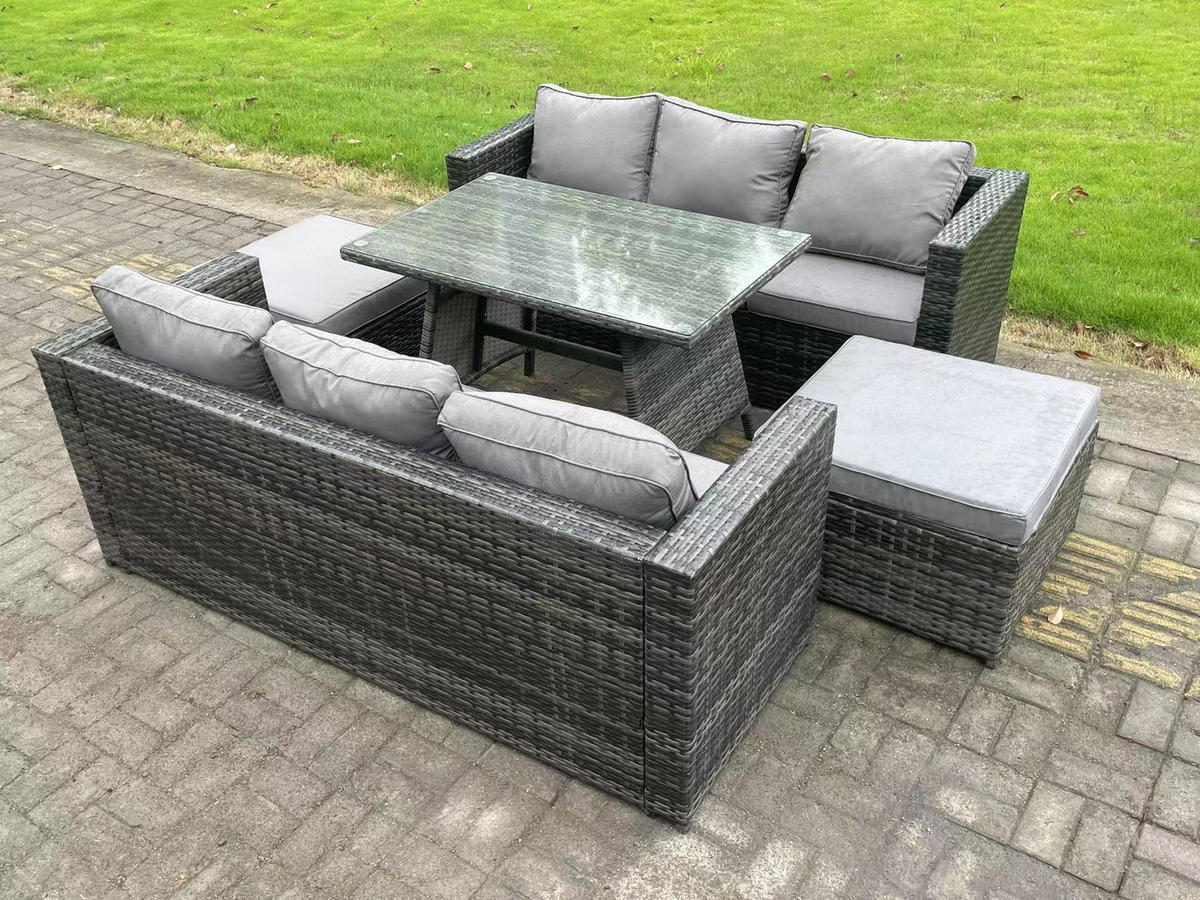 GARTENMÖBELSET mit Hocker 7-Sitzer Grau - Dunkelgrau/Grau, Glas/Kunststoff - Fimous