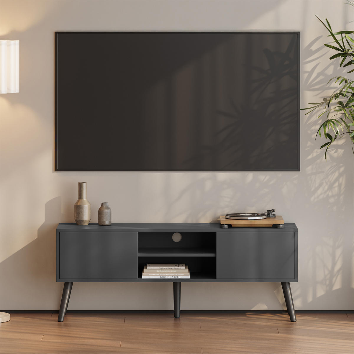 LOWBOARD Eskilstuna - Dunkelgrau, Holz/Holzwerkstoff (120/46.5/29.5cm) - [en.casa]