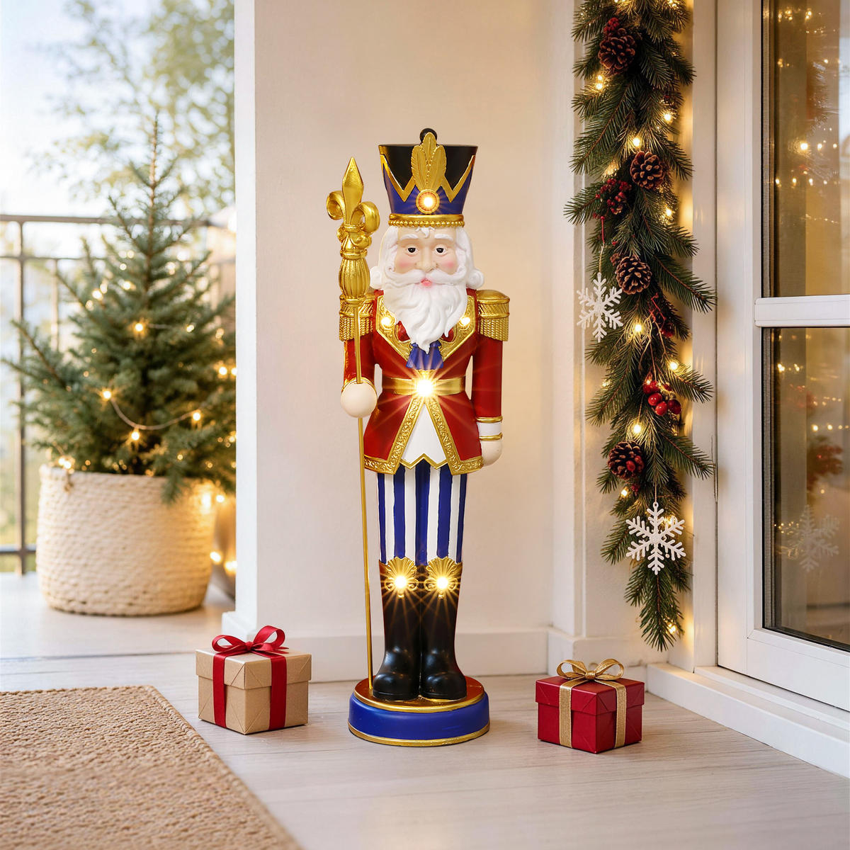 NUSSKNACKER Figur groß 61 cm, Weihnachtsdeko mit LED, Timer, MgO - Dunkelrot, Naturmaterialien (19.5/61/16.5cm) - Hometopia