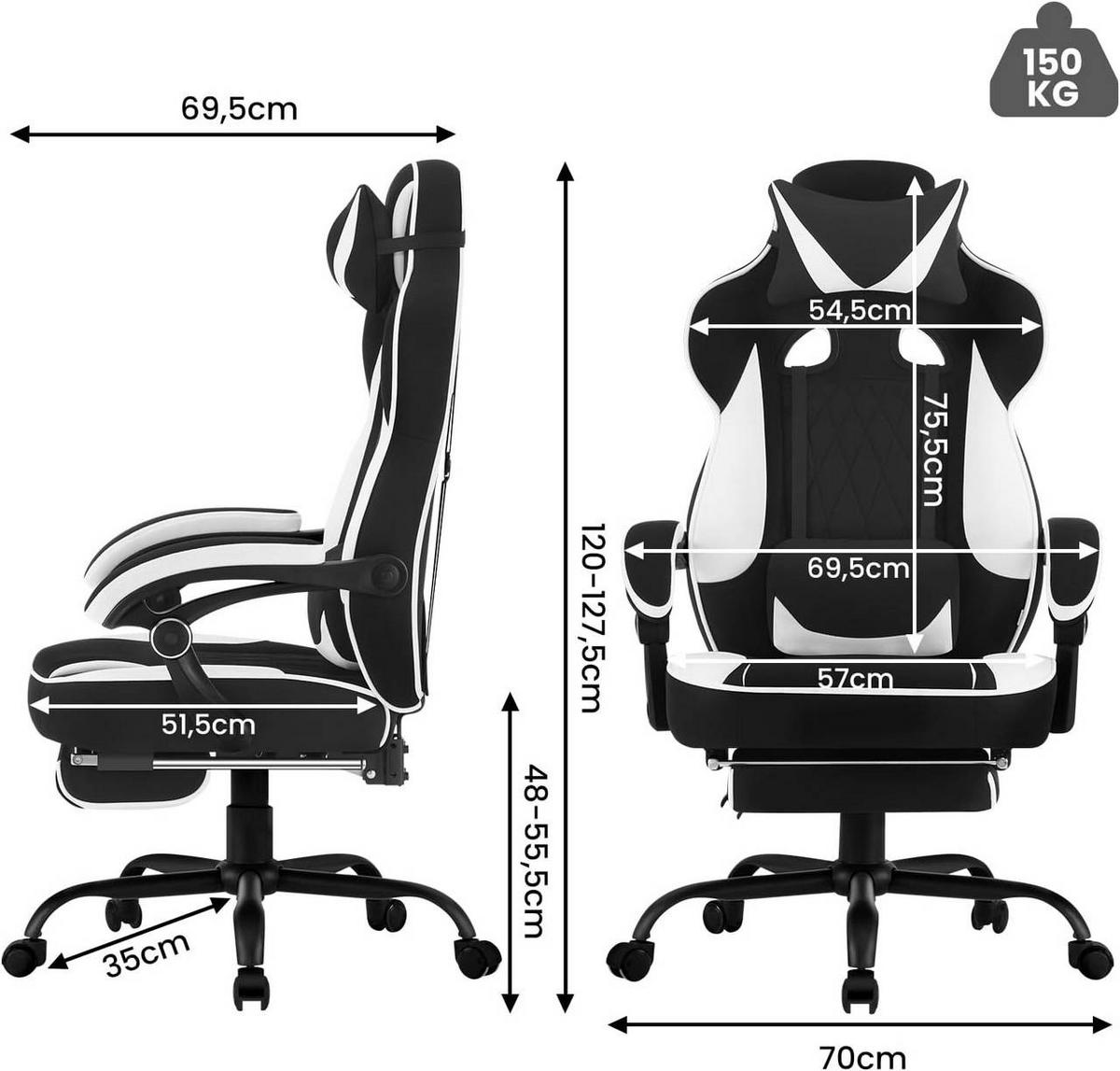 GAMINGSTUHL Mesh-Gewebe, Schwarz+Weiß - Schwarz/Weiß, Kunststoff/Textil (70/120/70cm) - Woltu