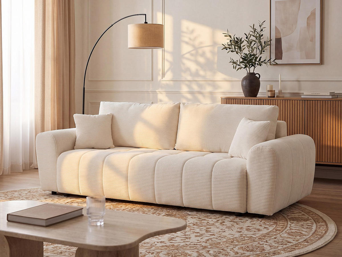 SCHLAFSOFA - 3 Personen - samt - cremefarben Badota - Creme, Kunststoff/Textil (244/90/101cm) - Vente-Unique