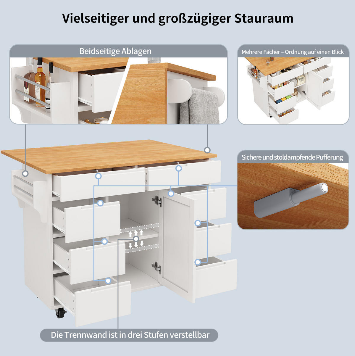 KÜCHENINSEL 122/46/91,5 cm weiß mit Klappplatte mit Gewürzregal und 8 Schubladen - Weiß, Holzwerkstoff (122/91.5/74.5cm) - OKWISH