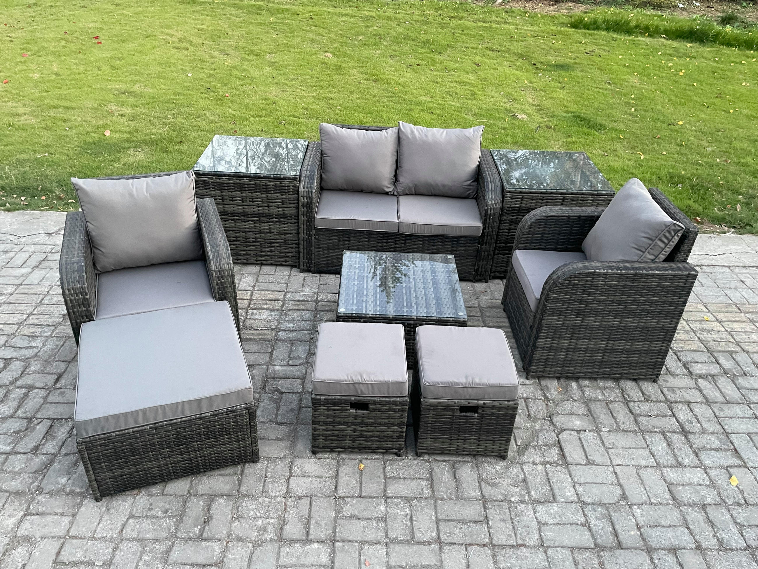 LOUNGESOFA-SET Polyrattan Dunkelgrau 7-Sitzer - Dunkelgrau, Metall - Fimous