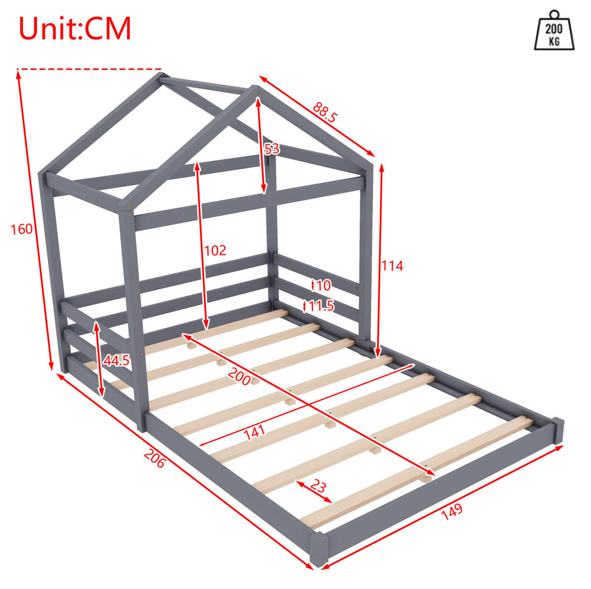 HAUSBETT aus Kiefernholz und MDF 140x200 cm Grau mit Lattenrost in Hausform - Grau, Holzwerkstoff (140/200cm) - Modfu