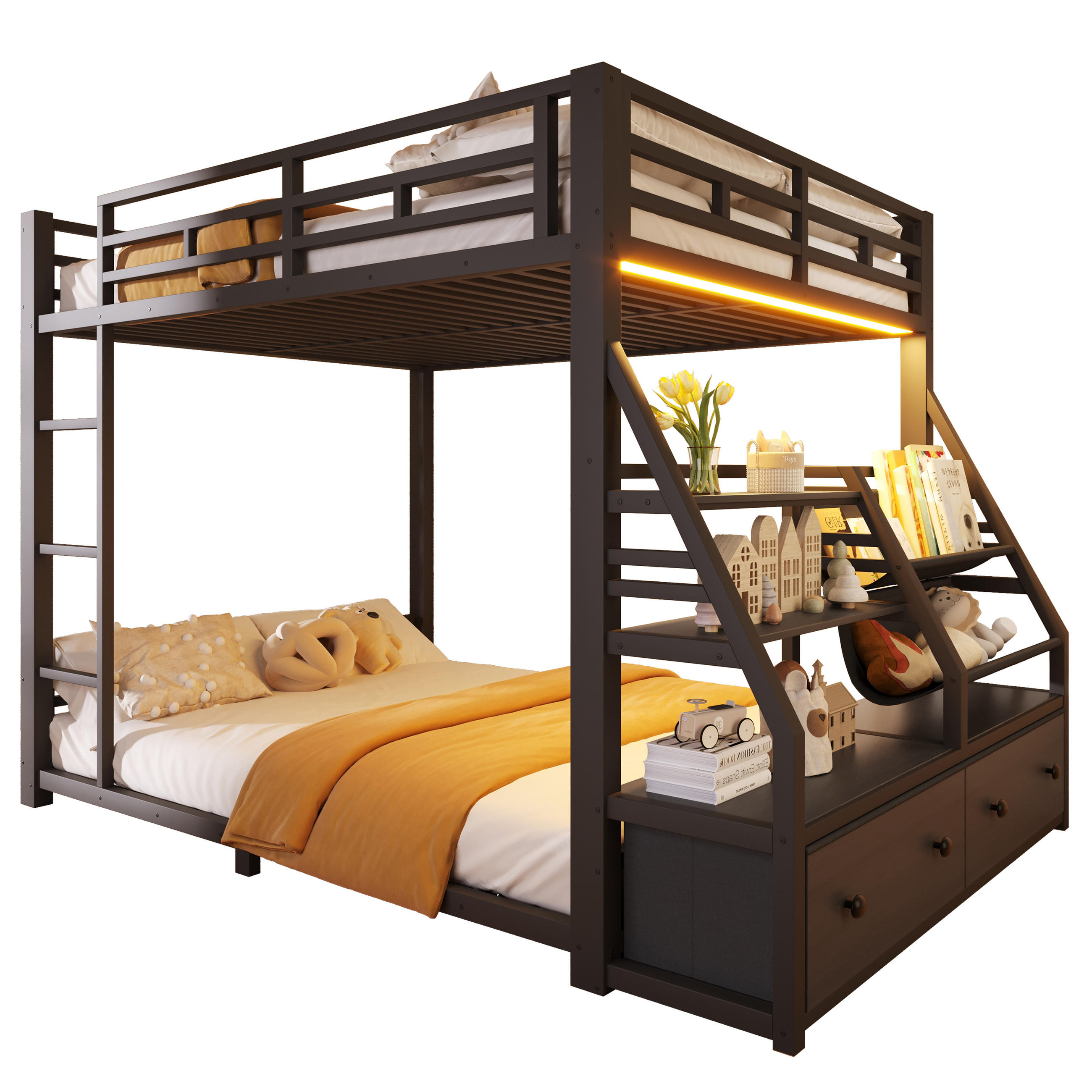 ETAGENBETT 140x200cm mit LED-Beleuchtung, mit 2 Stoffschubladen, Schwarz - Schwarz, Metall (140/200cm) - KOMHTOM