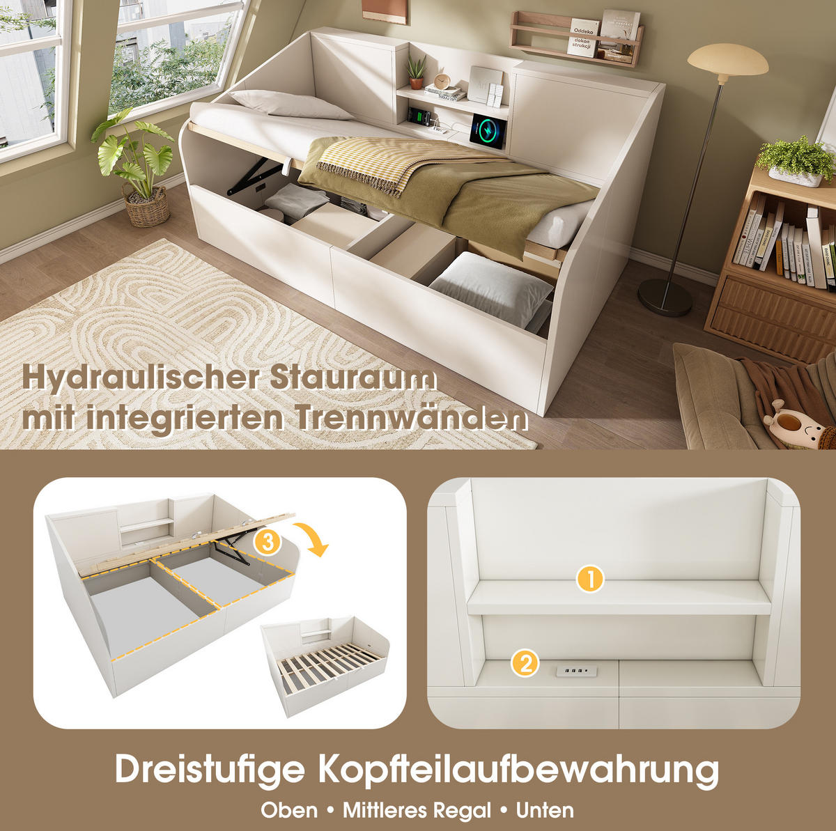 POLSTERBETT 90/200 cm in Weiß mit Bettkasten und USB- und Type-C-Anschlüssen - Weiß, Textil (90/200cm) - Flora Grace