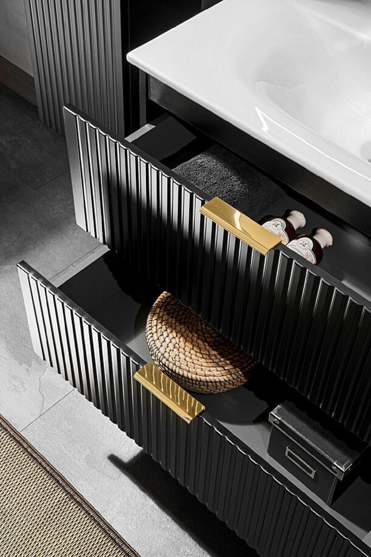 BADMÖBEL-SET 3 Teile - Adel Black A BM136 in Schwarz Matt/Wotan Eiche - Eiche Wotan/Schwarz, Holz (120/57/46.6cm)