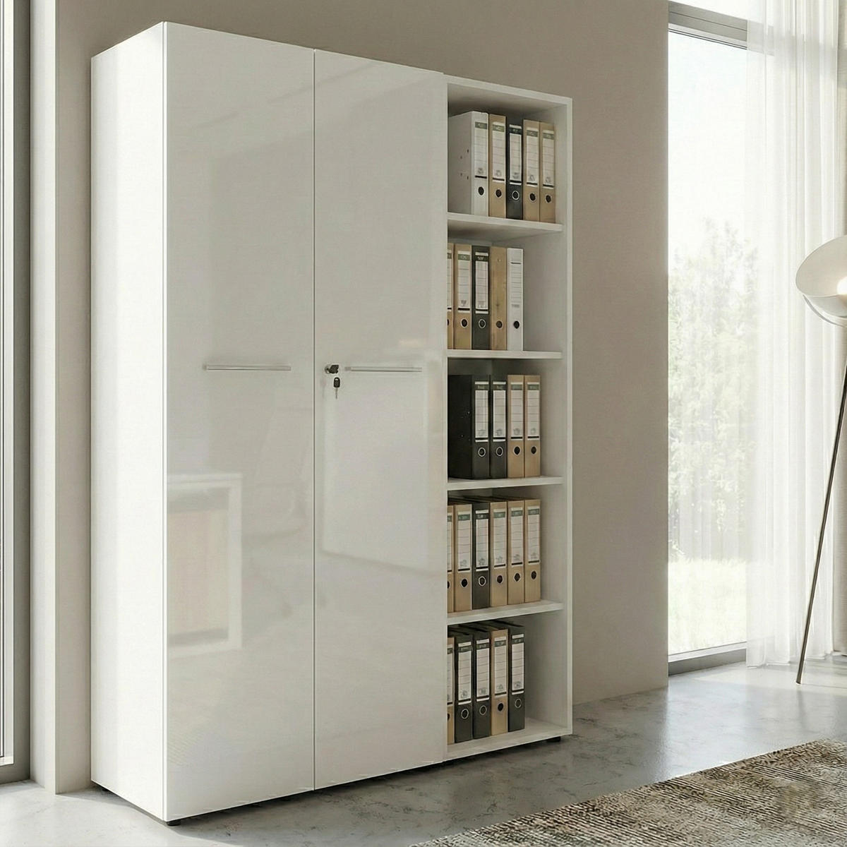 BÜRO-SET MUENCHEN 2-teilig Weiß | Schrank & Regal 5 OH | Glas Front & Abschließbar - Weiß, Holzwerkstoff/Metall (145/196/37cm) - KADIMA DESIGN