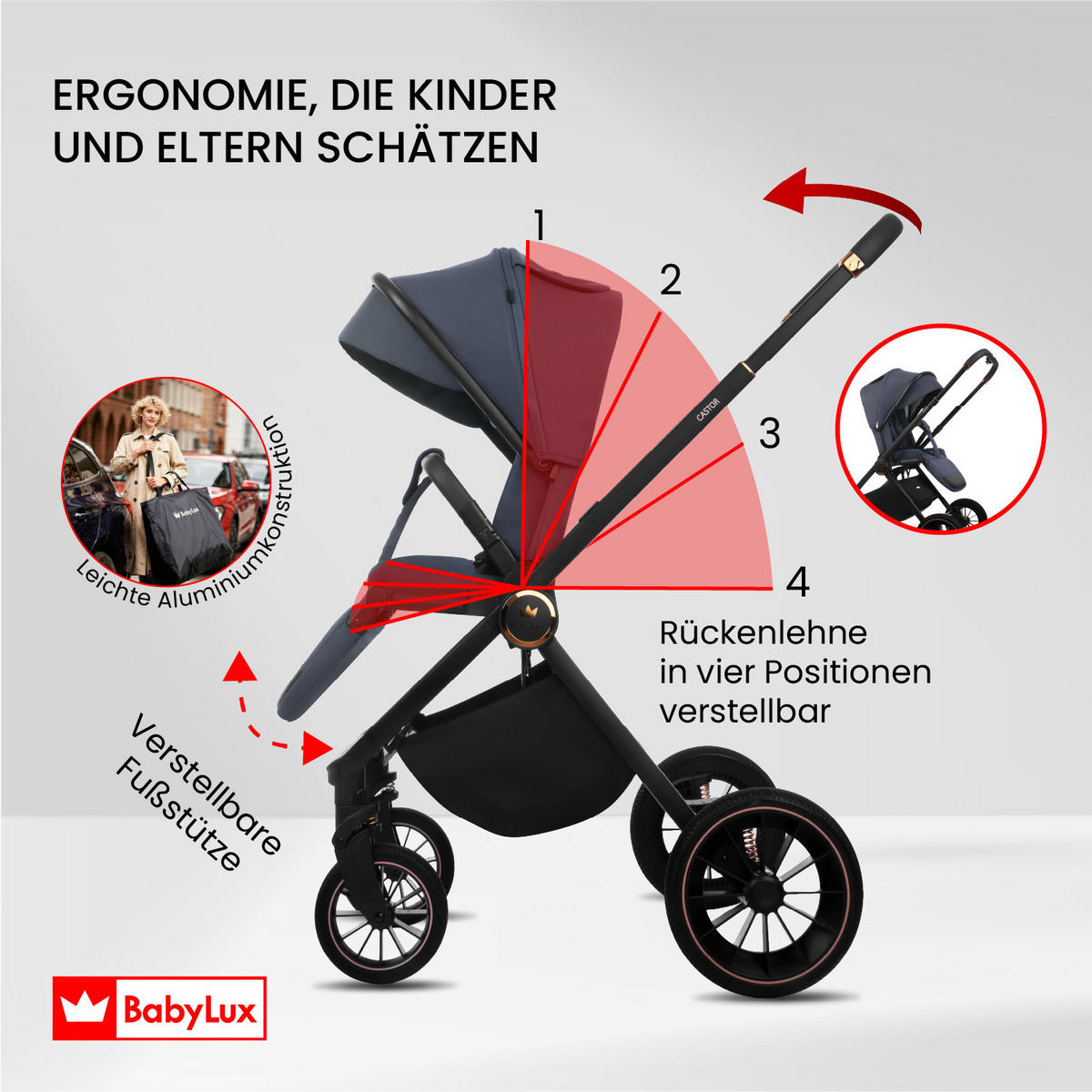 KINDERWAGEN Castor 4in1 Grau Babywanne, Reisebuggy, Autositz, Isofix Basis - Schwarz/Grau, Textil/Metall (58/98cm) - BabyLux