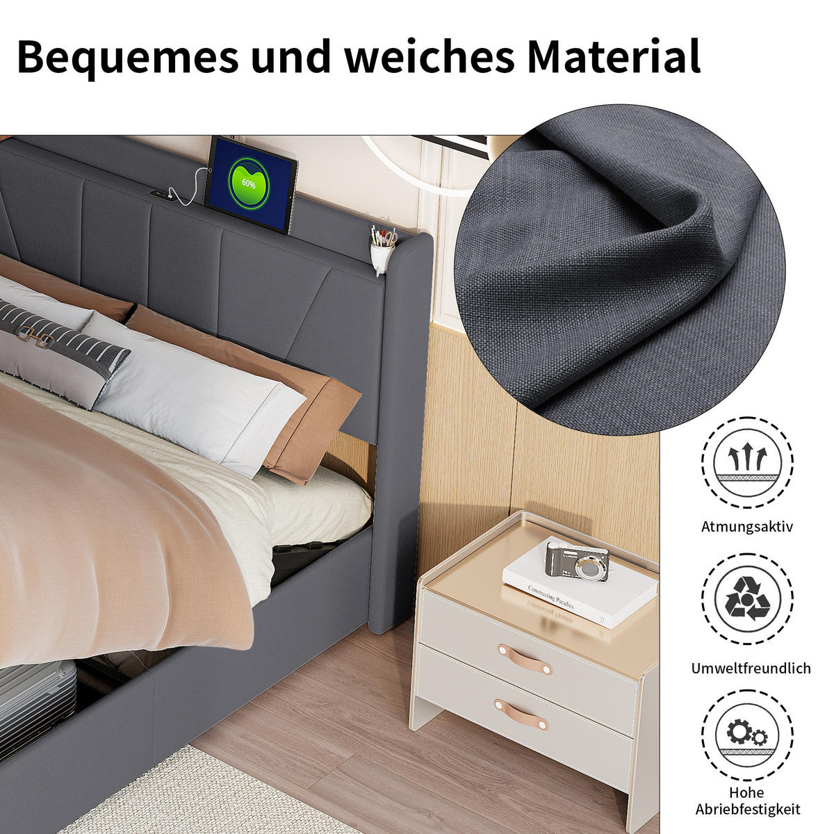 POLSTERBETT 140x200 cm mit hydraulischem Stauraum, 2 USB & 1 Typ-C Anschluss, Leinenstoff in Grau - Grau, Holz (140/200cm) - BRILVERDE