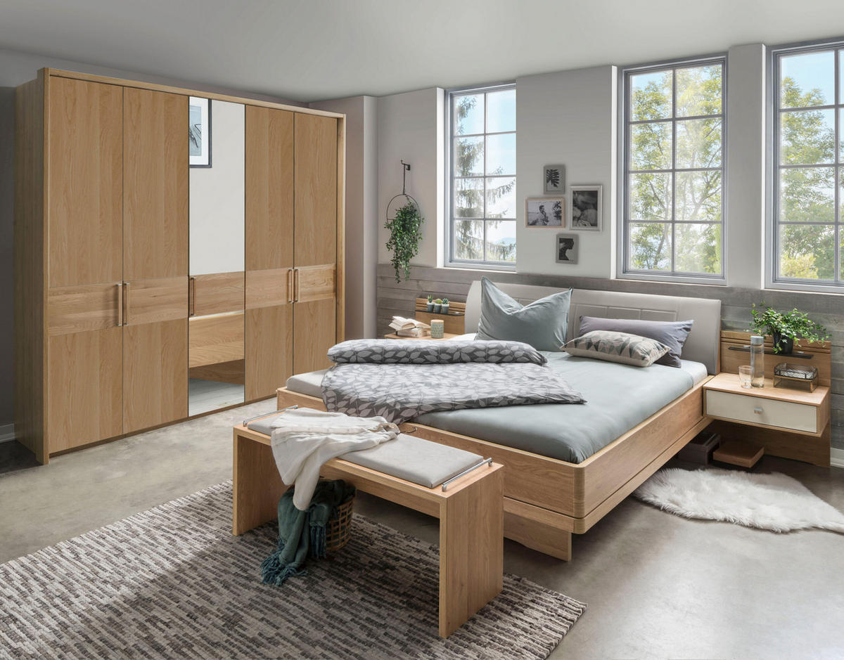 SCHLAFZIMMER Lenvara in Eiche 4 teilig mit Drehtürenschrank mit Spiegel, Passepartout, zwei Nachttische und Komfortbett - Braun, Holzwerkstoff (80/200/120cm)
