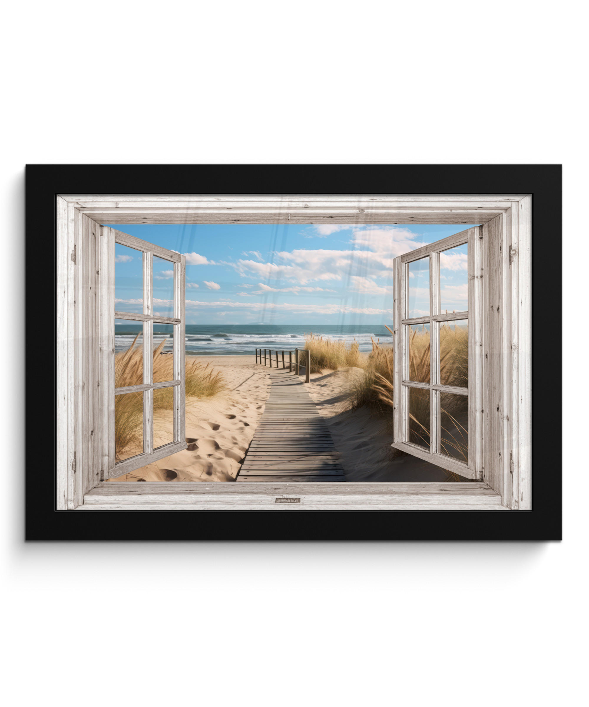 POSTER MIT RAHMEN Fenster - Meer - Küste - Natur - Ausblick - Strand - Wattenmeer 30x20 cm - Beige, Papier (30/20cm) - MuchoWow