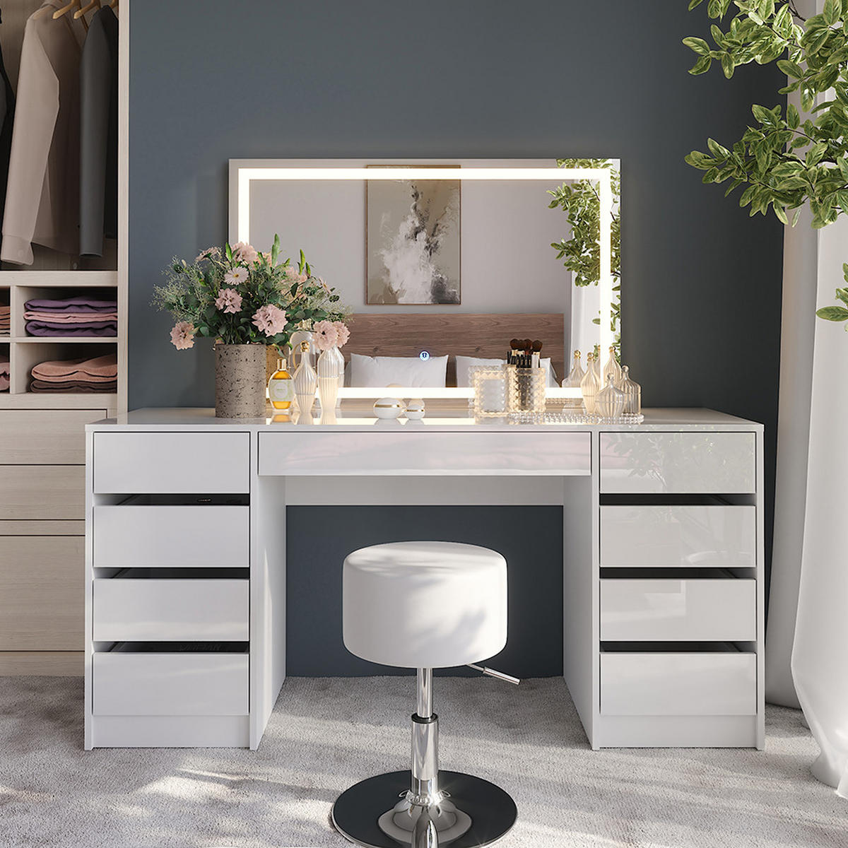 SCHMINKTISCH Sherry Weiß/Weiß Hochglanz 158.2 cm mit LED-Spiegel und Hocker - Weiß Hochglanz, Holzwerkstoff (158.2/76/50.1cm) - Vicco